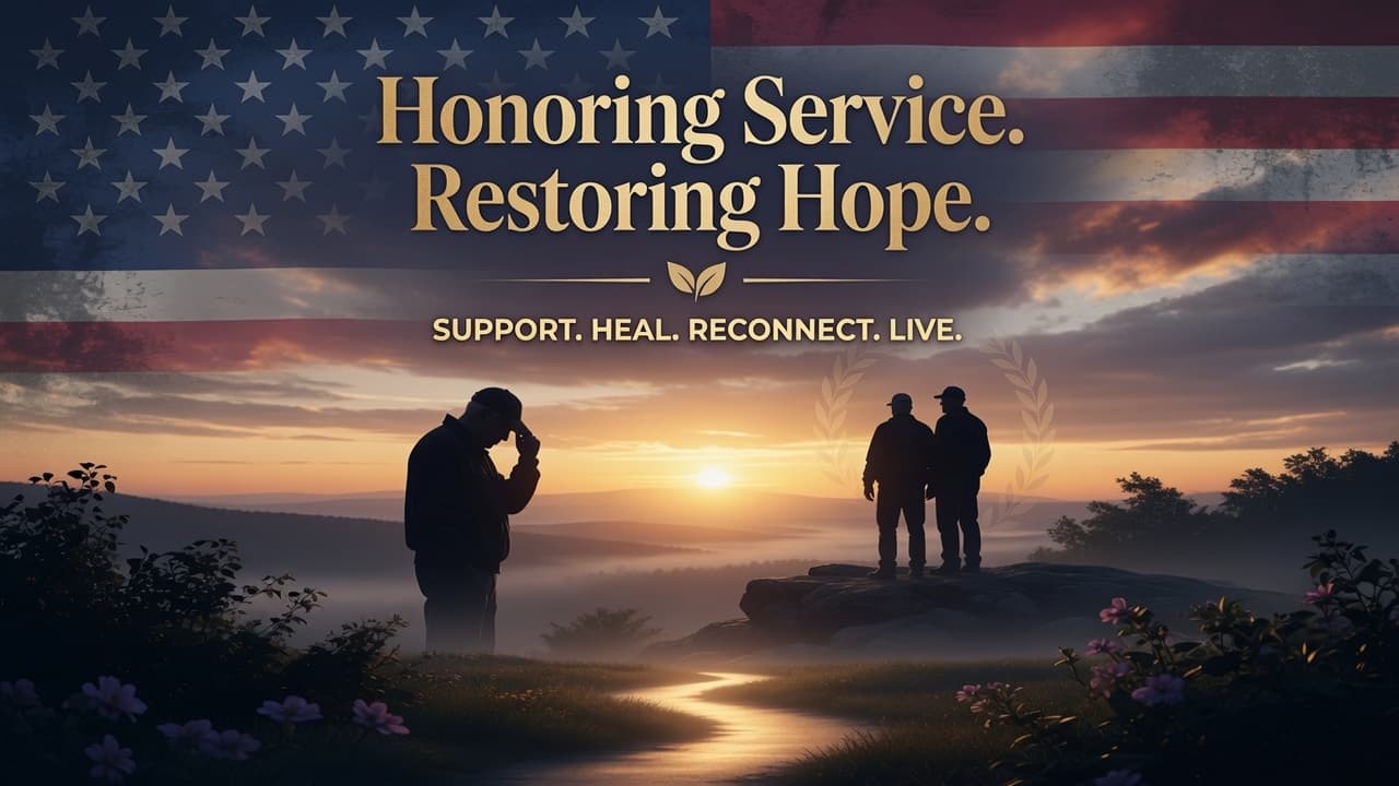 Honoring Service. Restoring Hope. Support. Heal. Reconnect. Live. — veterans at sunrise beneath an American flag.